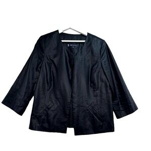 AK Anne Klein Blazer Jacket Womens 14 Black Linen 3/4 Sleeve Old Money Capsule